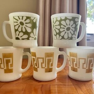 🇨🇦 Retro Fire-King Coffee Mug Lot 5 Daisy & Greek Key Milk Glass 1960s MCM VTG